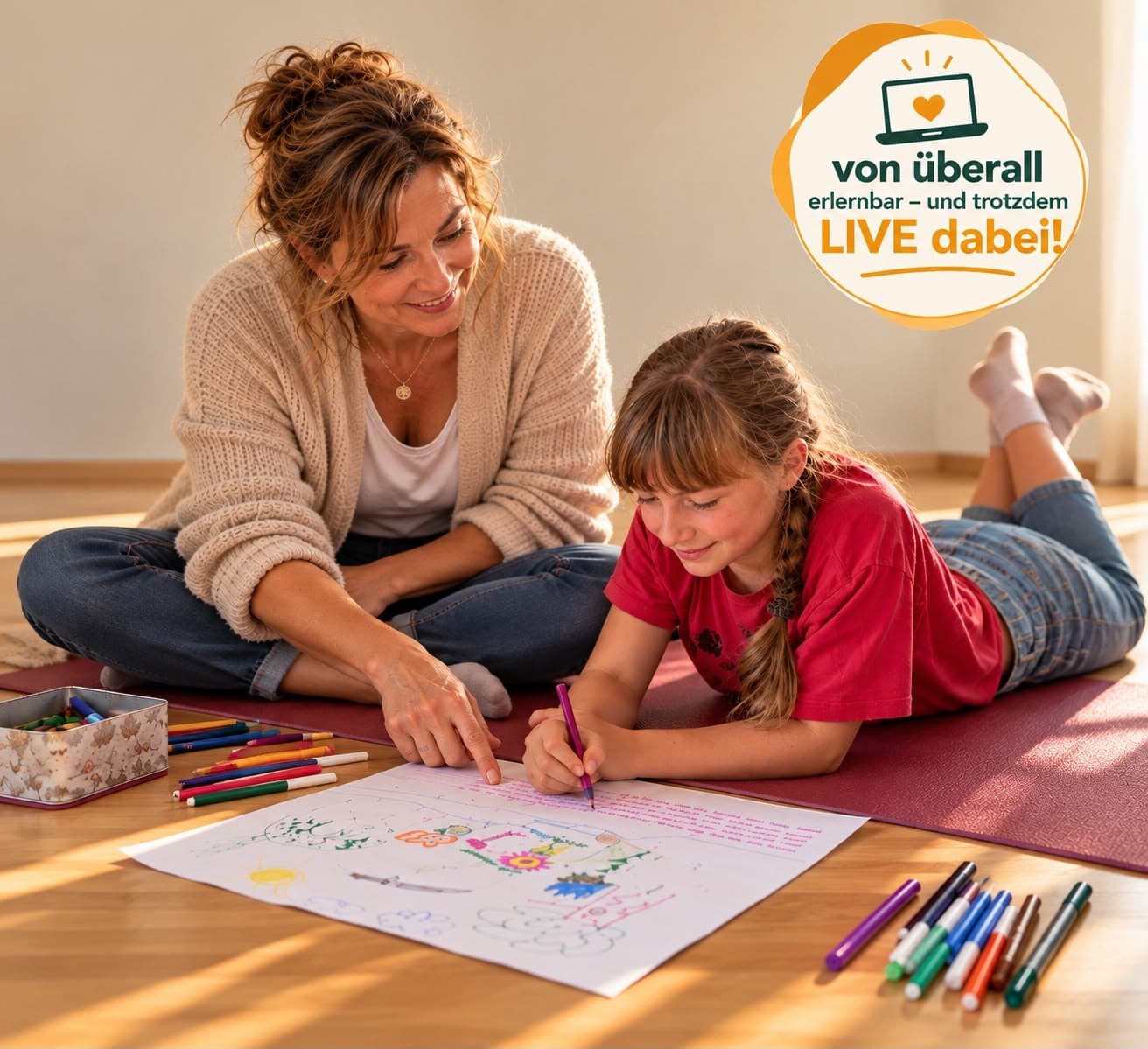AKJC-Werbebild: Frau und Mädchen malen gemeinsam am Boden, oben rechts das Zeichen „von überall erlernbar – und trotzdem LIVE dabei!“
